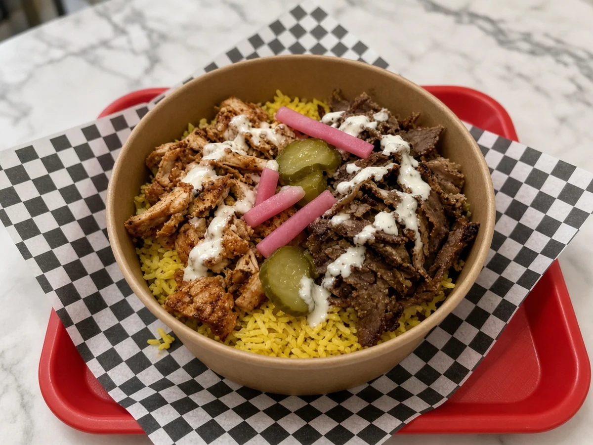 Rice bowl topped with chicken and beef shawarma, garlic sauce and pickles
