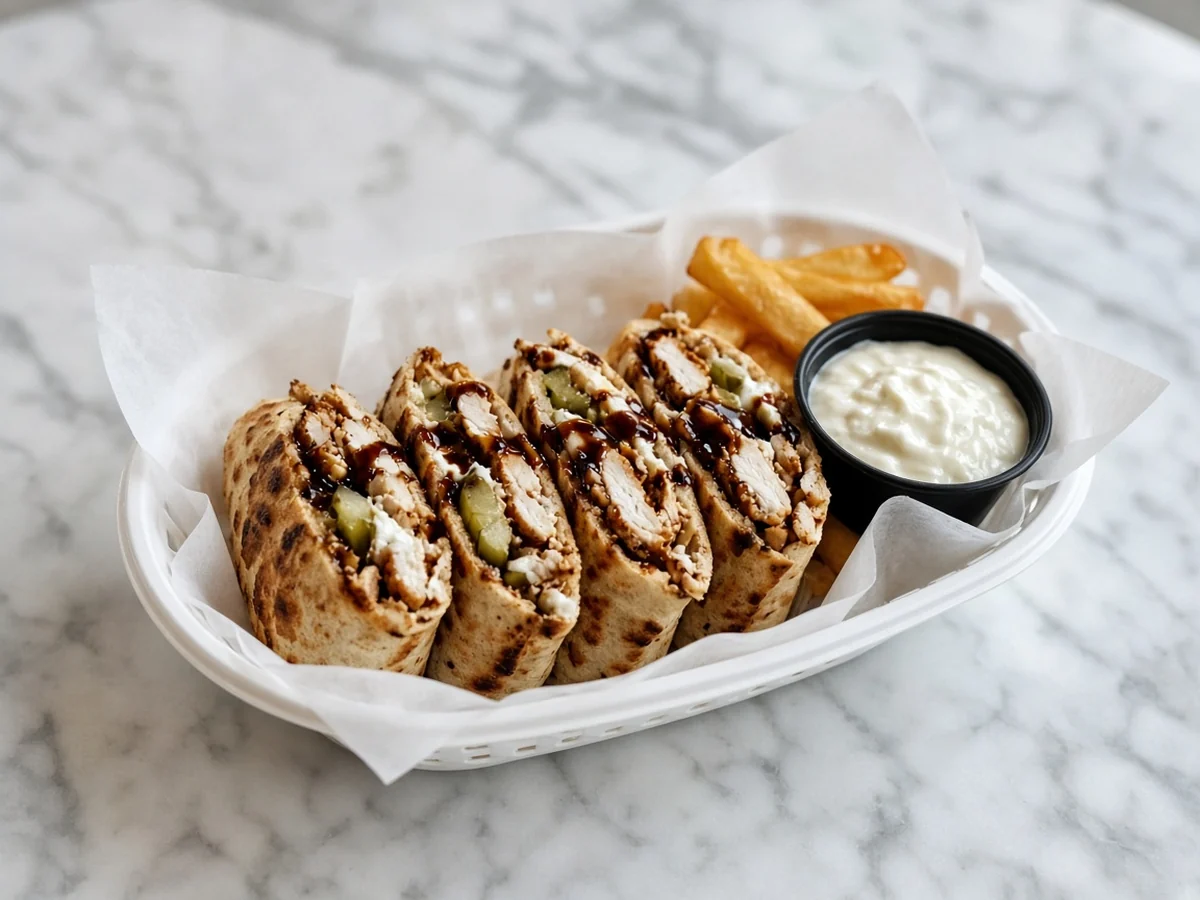 Shami-style chicken shawarma cut into pieces with garlic sauce, pickles and pomegranate sauce